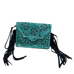 Floral Embossed Green Leather Clutch with Fringe